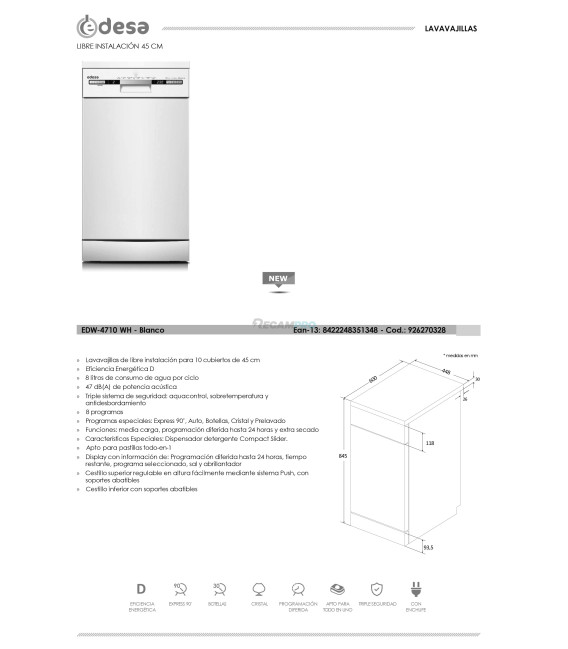 LAVAVAJILLAS EDESA LIBRE INSTALACIÓN EDW 4710 WH, ANCHO DE 45 CM, 8 PROGRAMAS 926270328