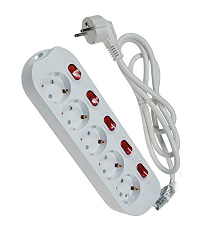 FISHTEC Regleta Eléctrica 5 Tomas de Color - Interruptor Individual para  Cada Toma + Interruptor General - 5 Adhesivos - Cable 1,5m - Normas NF